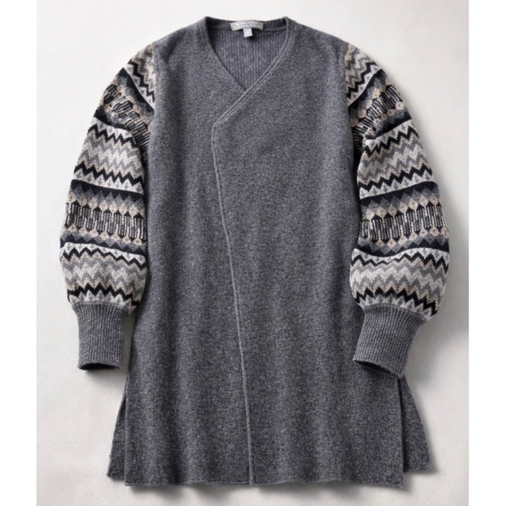 Neiman Marcus Cashmere Open Front Cardigan Gray‎ Fair Isle Sleeve Duster Small